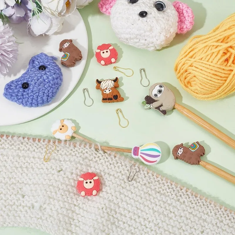 12 Pcs Animal Knitting Needle Stoppers with 60 Pcs Safety Pins Sheep/Hot Air Balloon/Sloth/Alpaca Needle Point Protectors Pear