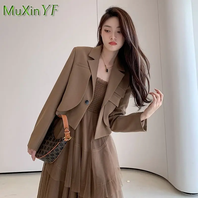 Women's Autumn Casual Blazer Blouse Dress Suit 2022 New Korean Elegant Short Suit Jacket + Sling Mesh Midi Dresses Two Piece Set