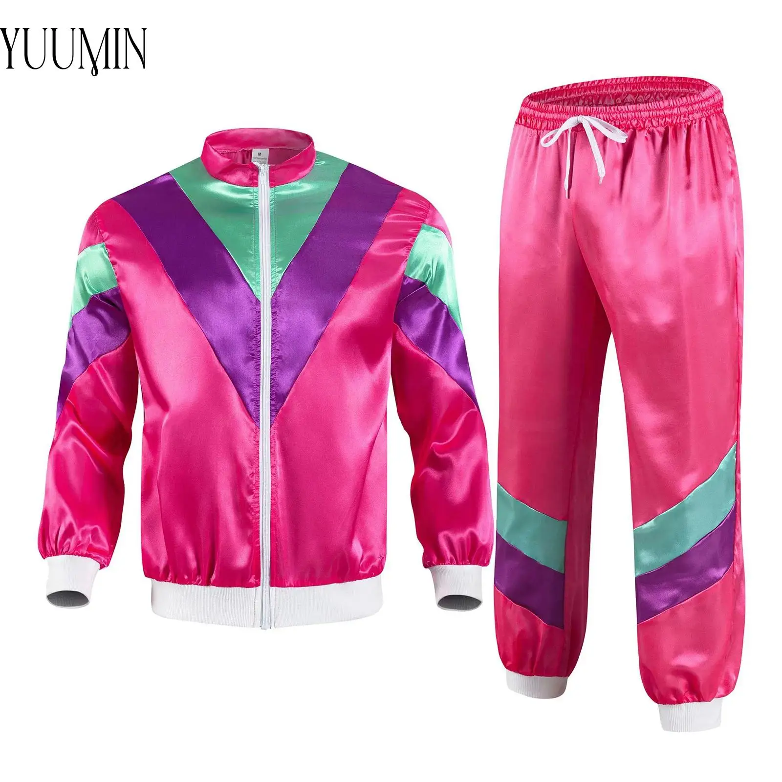 Women 80s Party Tracksuit Y2K Color Block Satin Hip Hop Style Sports Set Stand Collar Zipper Jacket with Drawstring Sweatpants sports suit