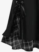 ROSEGAL Plus Size Women's Gothic Skirt Casual Plain Chain Detail High Waisted Stitching Plaid Pleated Layered Lace Up Skirts 5XL - Image 5