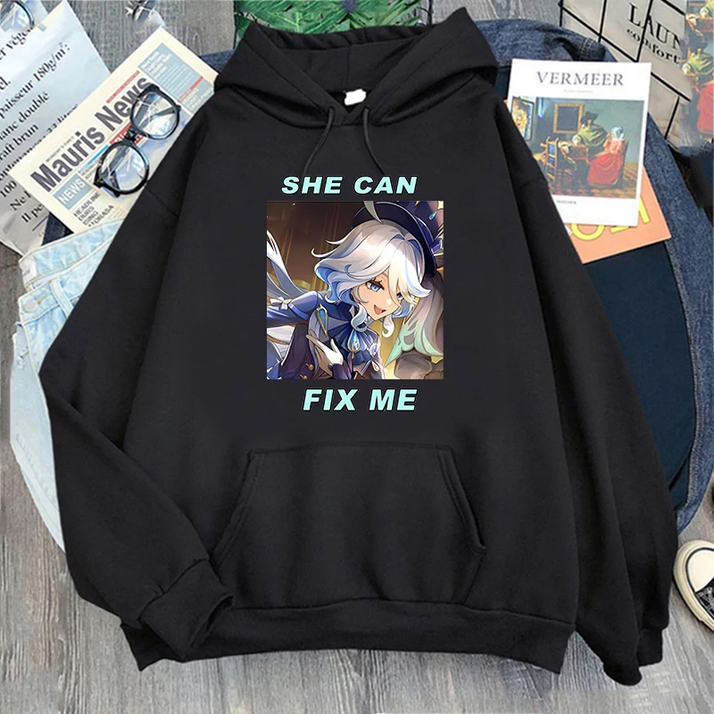 Genshin Impact Furina Hoodie Women Harajuku Aesthetic Graphic Kawaii Hoodies Unisex Autumn Winter Anime Pullovers Sweatshirts