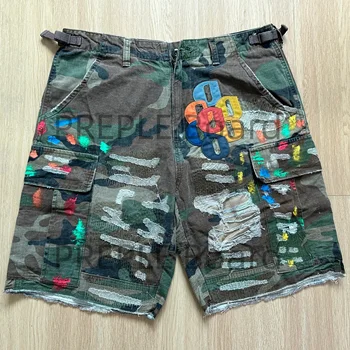New Men's Summer Camouflage Shorts Colored Splicing Leather Letter Knee Jeans Tactical Khaki Shorts 1