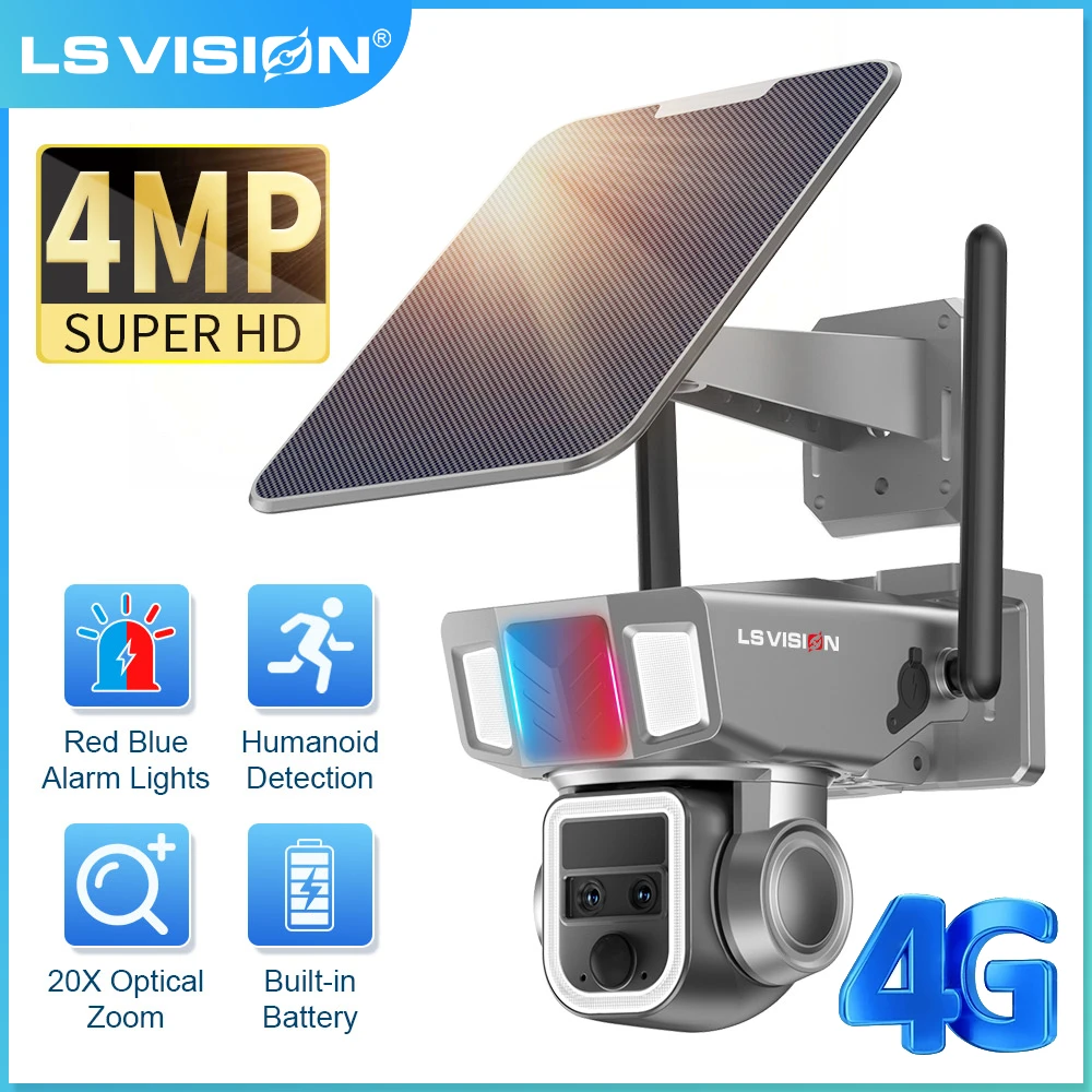 

LS VISION 4G SIM 20X Zoom Solar Camera Security Outdoor Dual Lens 2K/4MP Human Auto Tracking Color Night Vision CCTV PTZ Camera