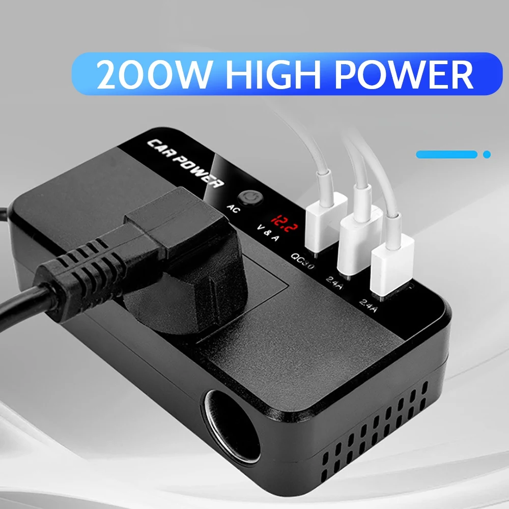 

Автомобильный инвертор 200 Вт, от 12 В постоянного тока до 220 В переменного тока, преобразователь питания, разветвитель, быстрая зарядка через 3 USB, универсальная розетка, умный монитор напряжения