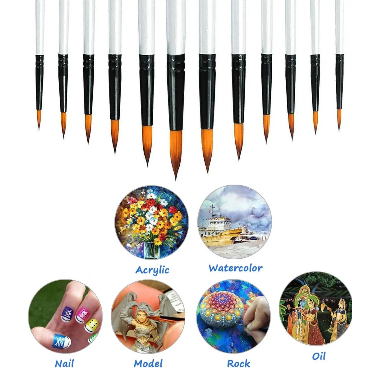 12pcs Round Paint Brush Set - Professional Nylon Bristles for Watercolor, Acrylic, Oil Painting, Face & Body Art, Nail Designs 6