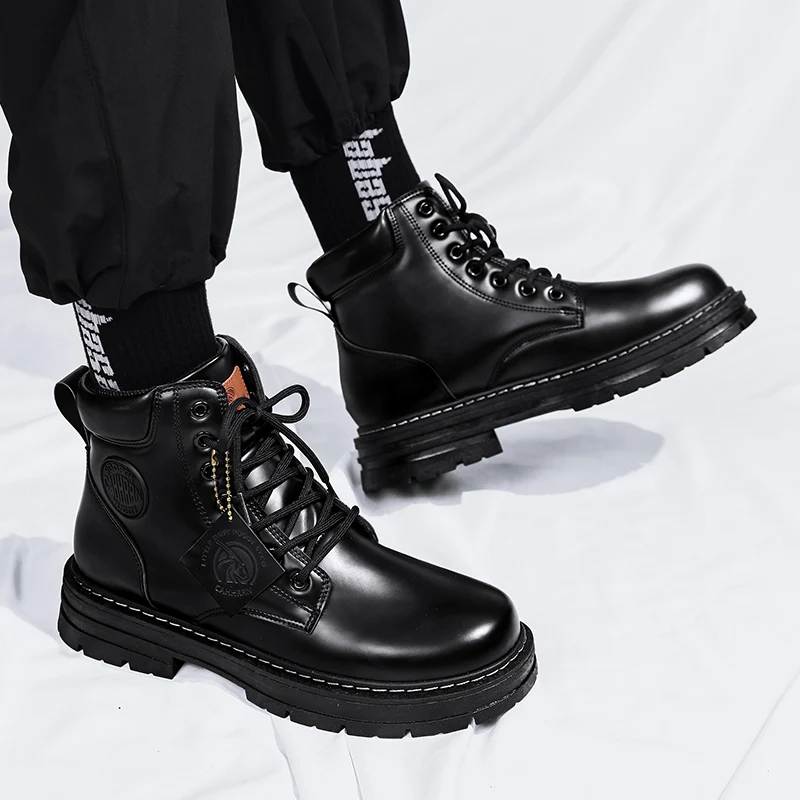 High Top Boots Men Leather Shoes Fashion Motorcycle Ankle Military Boots For Men Winter Man Shoes Lace-Up Botas Hombre