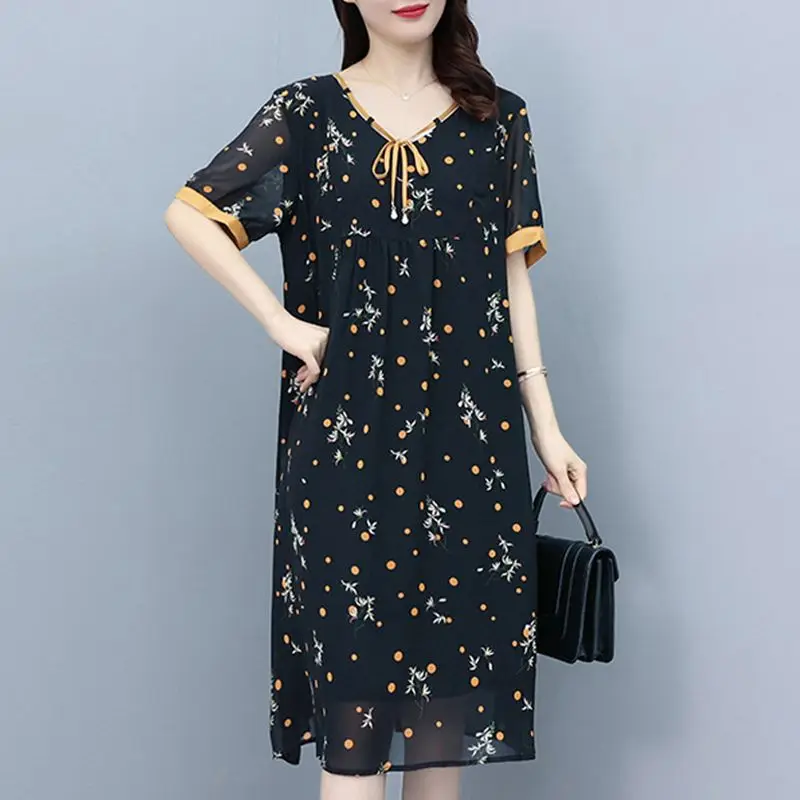 

Fashion V-Neck Lace Up Bow Printed Folds Chiffon Floral Dress Women's Clothing 2024 Summer New Loose Elegant Short Sleeve Dress