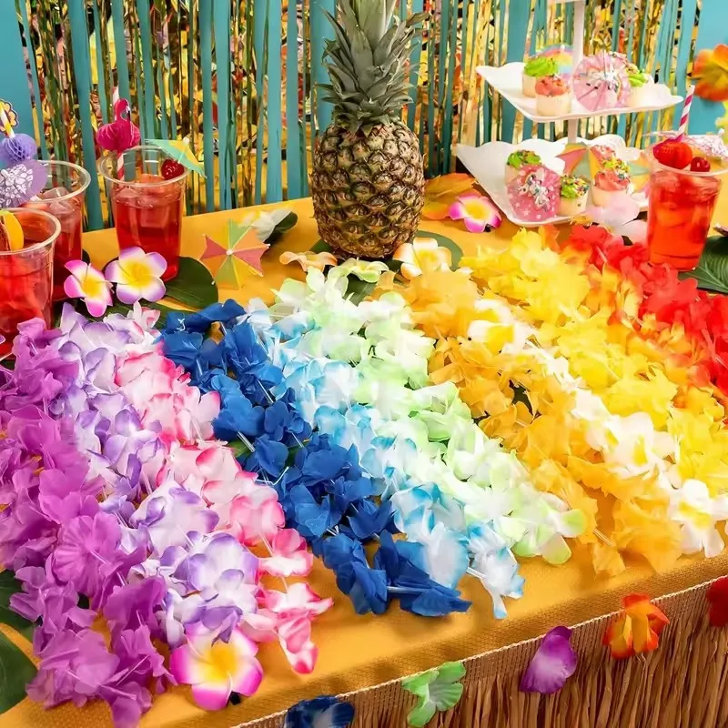 24pcs Hawaiian Artificial Flower Wreath Necklace Garland Luau Tropical Birthday Party Decoration Summer Beach Wedding Supplies