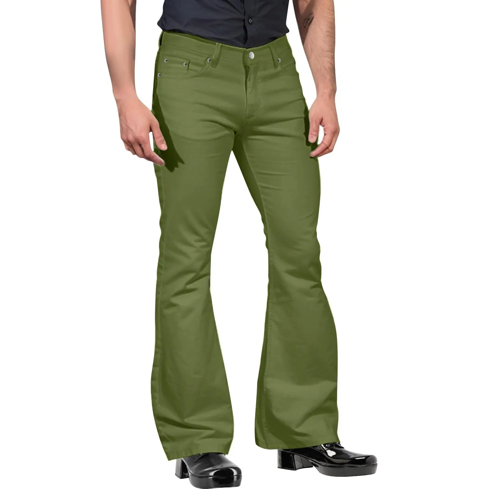 2024 New Fashion Men's Retro Flare Pants, Solid Color Mid-Rise Trousers Casual Classic 70s Bell Bottom 6