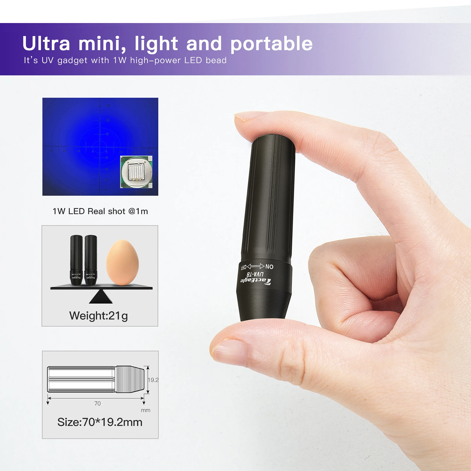 EDC 1W UV LED Light 365nm Mini Flashlight Head Rotary Switch One Mode AA Battery Torchlight Torch Lamp