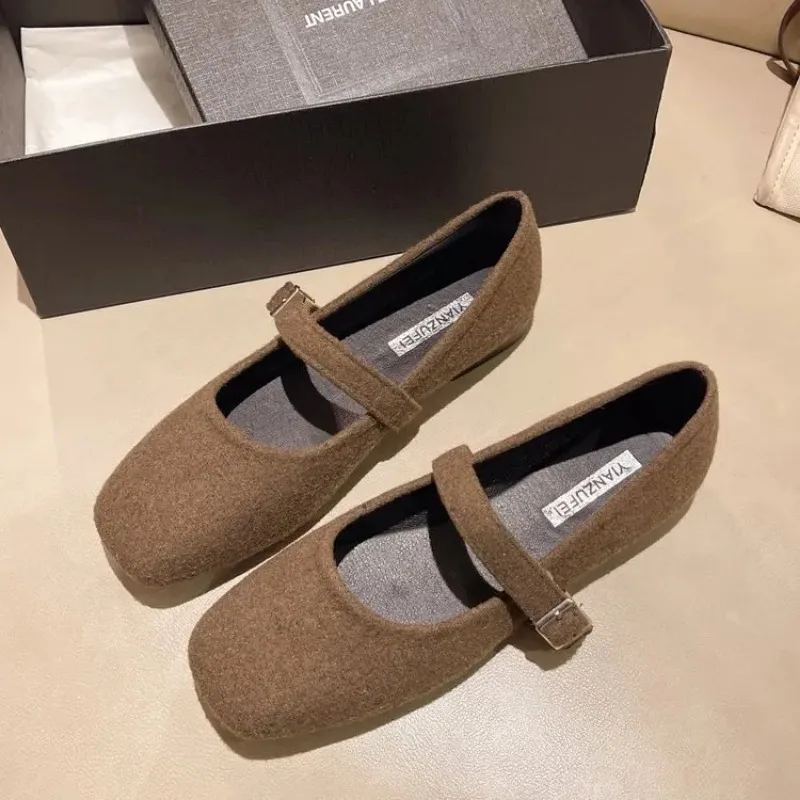 Women's Felt Mary Janes Shoes Square Toe Ballet Flats for Female New Fashion Buckle Strap Ladies Shoes Spring Autumn 6