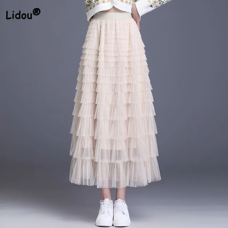 Trend Simplicity Mesh Cupcake Skirt for Female 2023 Summer Temperament Elastic High Waist Solid Color Skirts Women's Clothing france elegant professional wear 2022 spring autumn new suit jacket mesh skirt two piece female casual coat midi skirts set