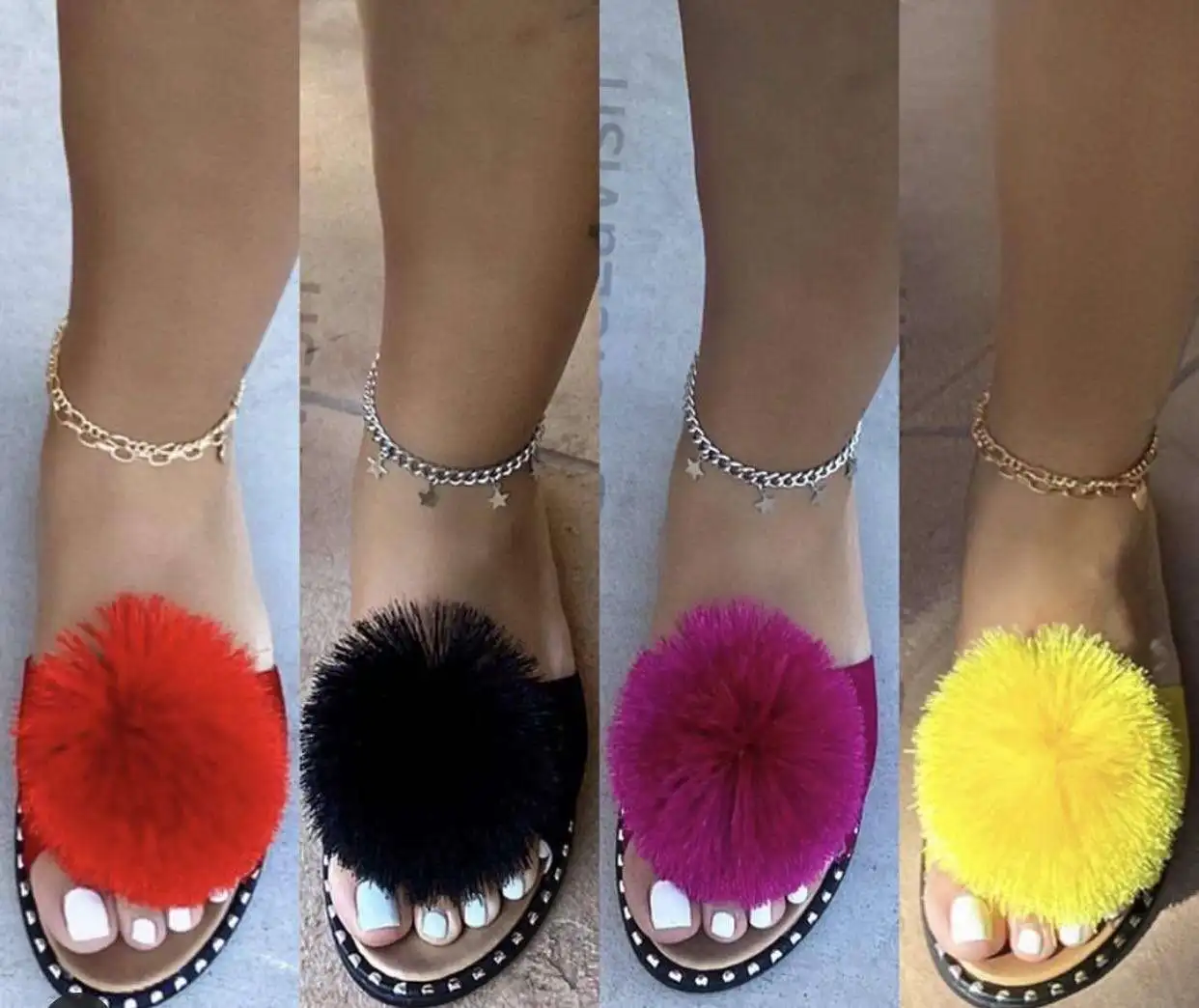 

Hairball Slippers Women Solid Open Toe Slides Outside Candy Colors Sandals Female Light Pompom The Ball Shoes Plus Size 36-43