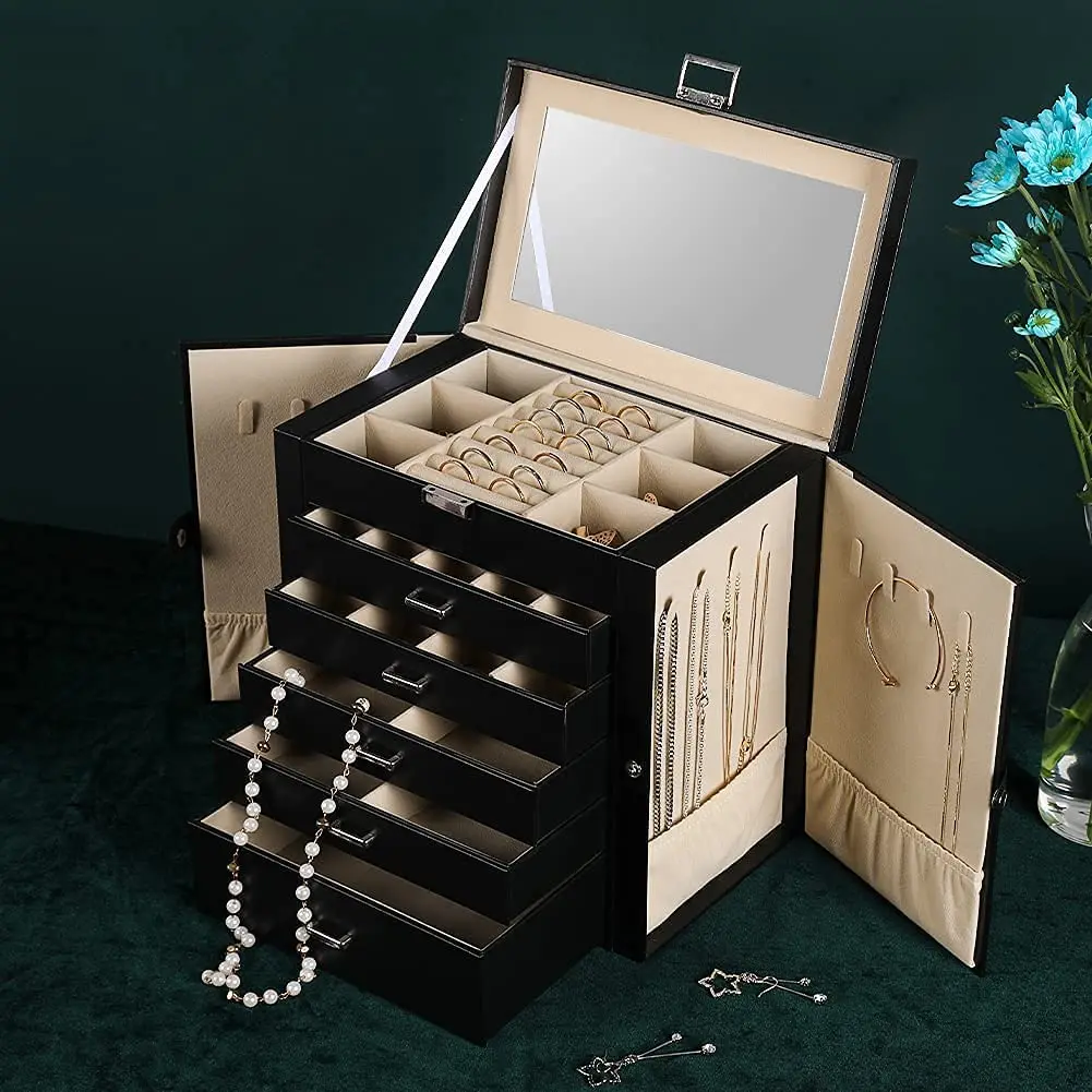 Large Jewelry Box,6-Tier PU Leather Jewelry Organizer with Lock,Multi-functional Storage Case with Mirror,Accessories Holder wit