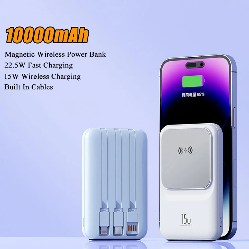 

Magnetic Wireless Power Bank 10000mAh Built in Cables 22.5W Fast Charging Portable Powerbank External Battery Pack For iPhone 13