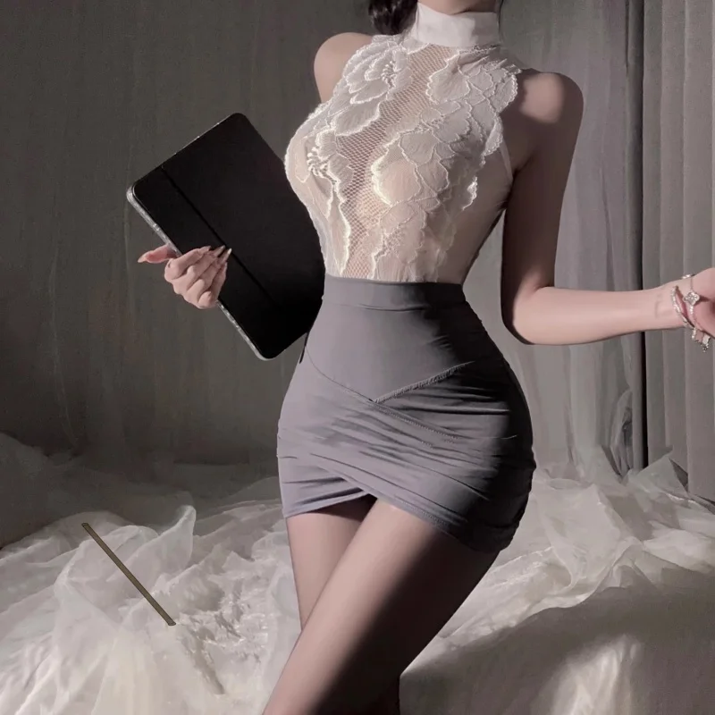 Sexy Office Lady Cosplay Costumes Women Sexy Lingerie Stewardess Outfit Secretary Lace See Through Dress Uniform Set