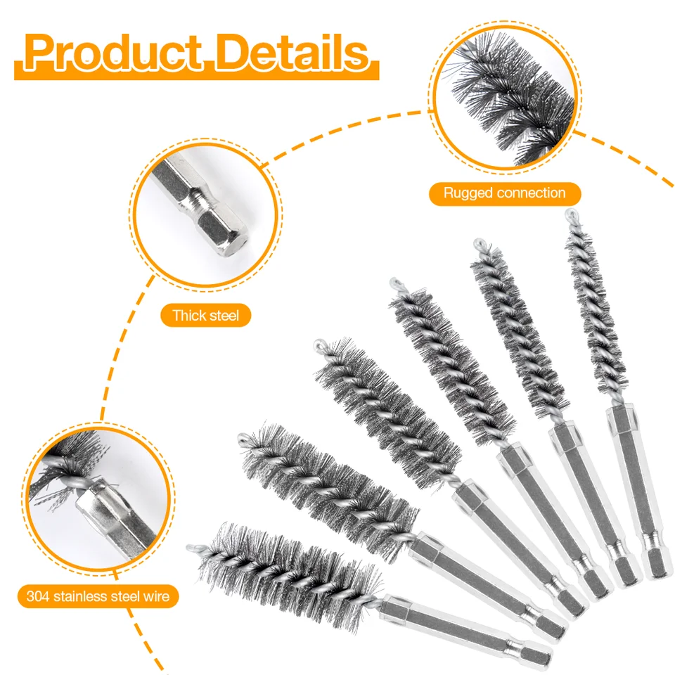 Lot De 6 Brosses Métalliques Pour Perceuse - Nettoyage Tubes Et Surfaces - Diamètres 8 à 19 Mm