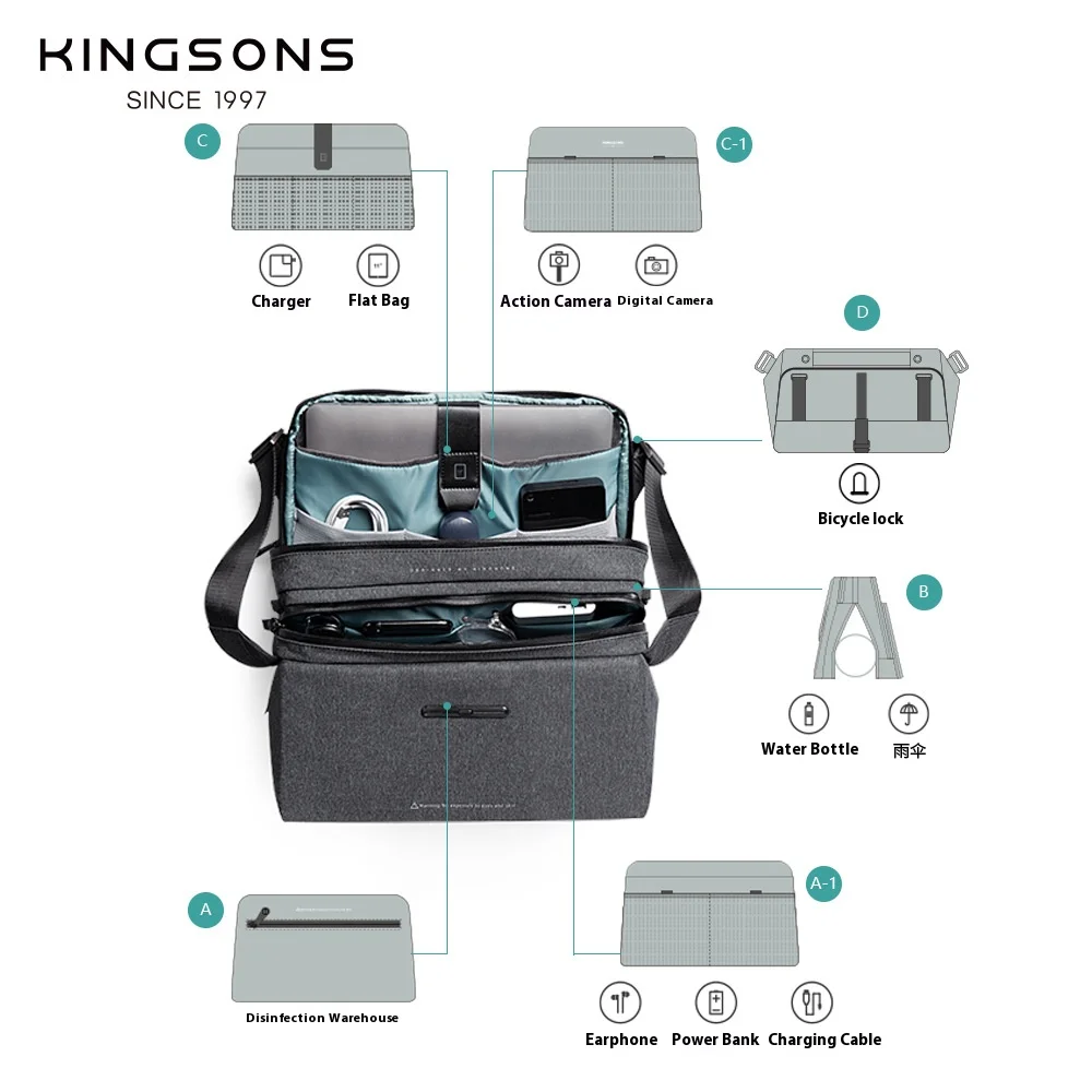 Kingsons KS-3225 Crossbody Bag Waterproof College Sling Bag Multifunctional Anti-theft Shoulder Bag Casual Messenger Bag for Men - Image 4