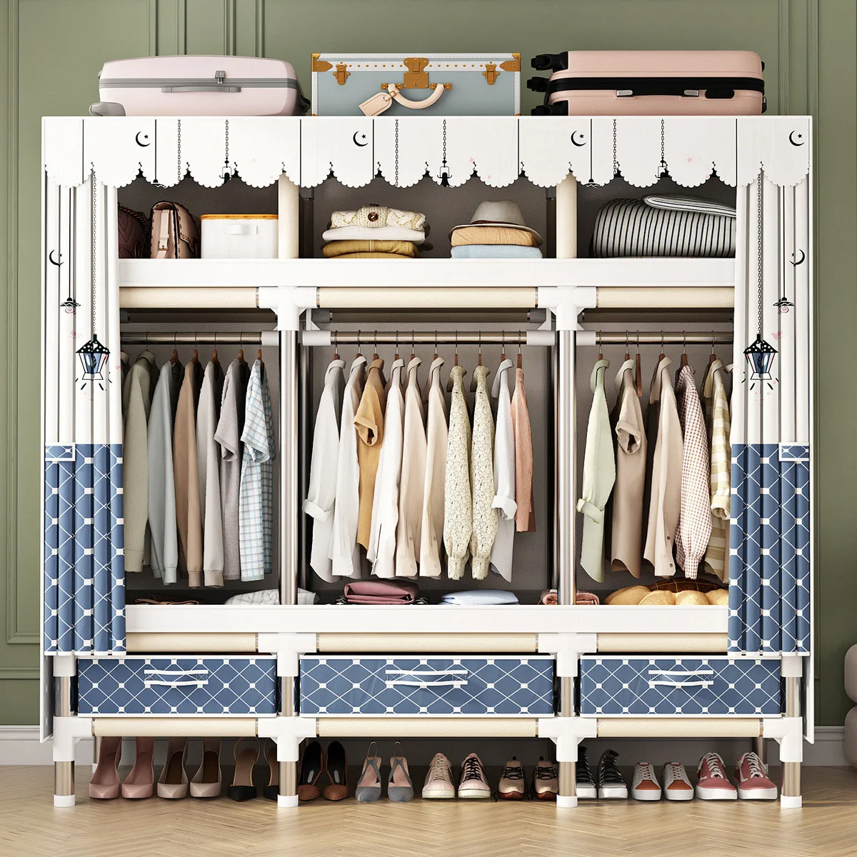 Storage Cabinet Spacious Durable Stainless Steel Wardrobe with Dustproof Cover for Bedroom Dorm Home
