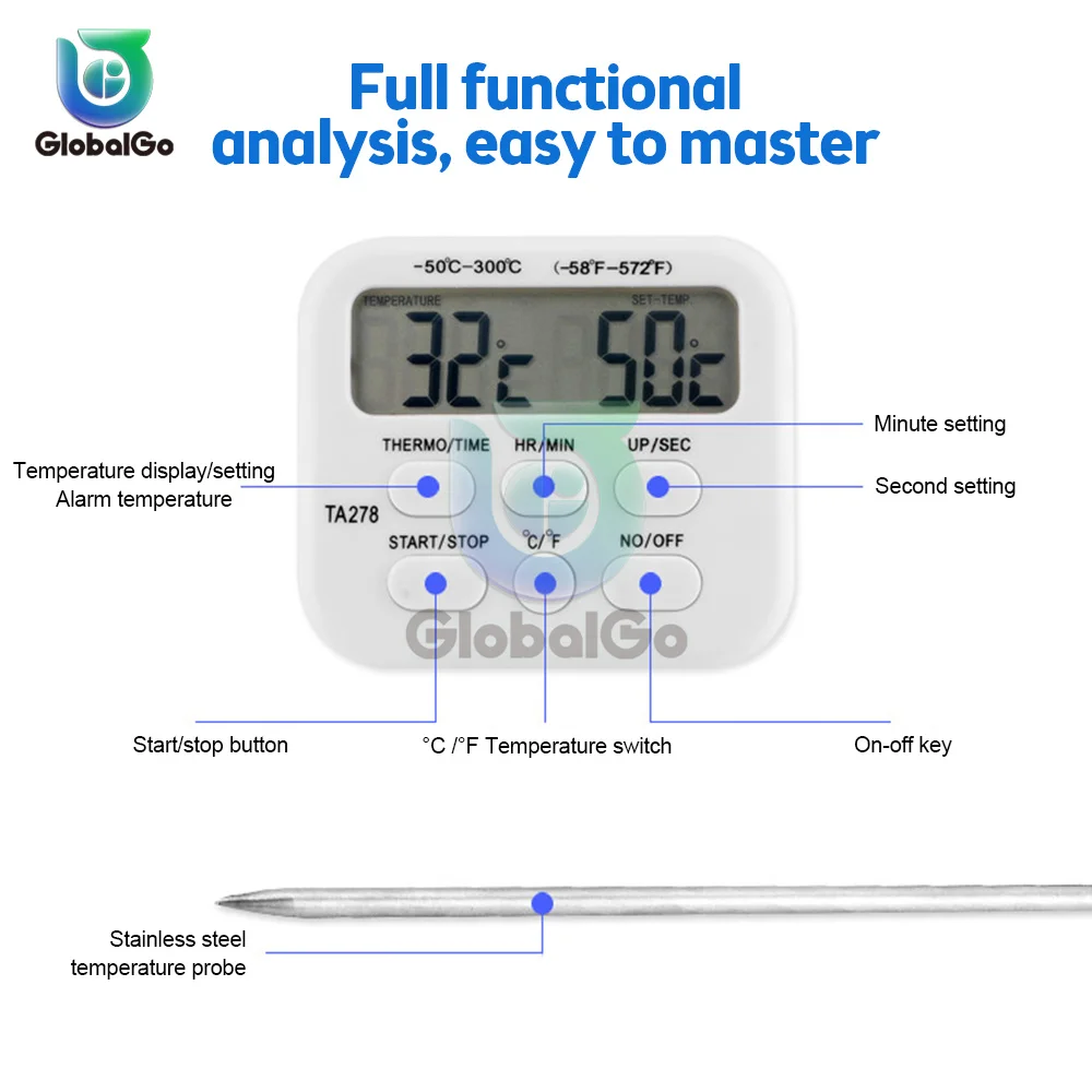 TA278 Digital Kitchen Thermometer Stainless Steel Probe Wireless Meat Thermometer Alarm Timer for Home Cooking Kitchen Barbecue 5
