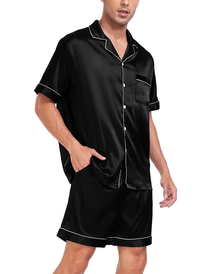 Men's Luxury Satin Pajama Set Solid Color Short Sleeve Lapel Top And Elastic Shorts Comfortable Fit Summer Loungewear Sleepwear
