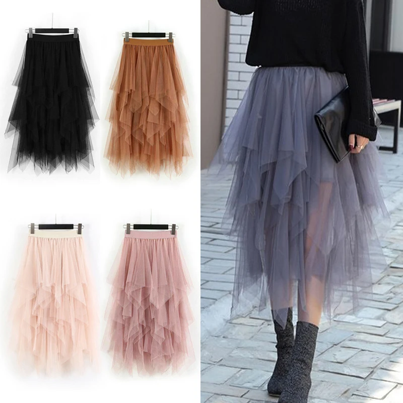 

2023 Asymmetrical High Waist Ruffles Mesh Tutu Tulle Long Midi Skirt For Women Black White Pink
