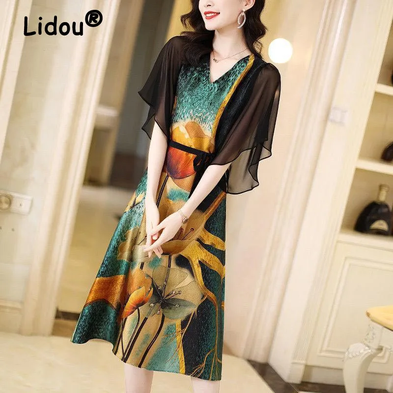 

2022 Summer Chiffon Printed Female Waist Retro Office Lady Elegant Dress Summer For Loose Women's Vintage Midi Dress Robe