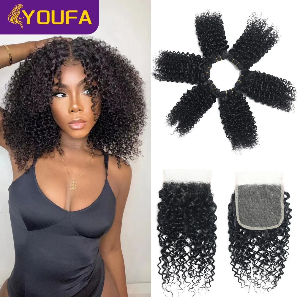 YOUFA 12A 6 Pcs Kinky Curly Human Hair Weave Bundles With 4x4 Transparent Lace Closure For Black Women Natural Color Human Hair