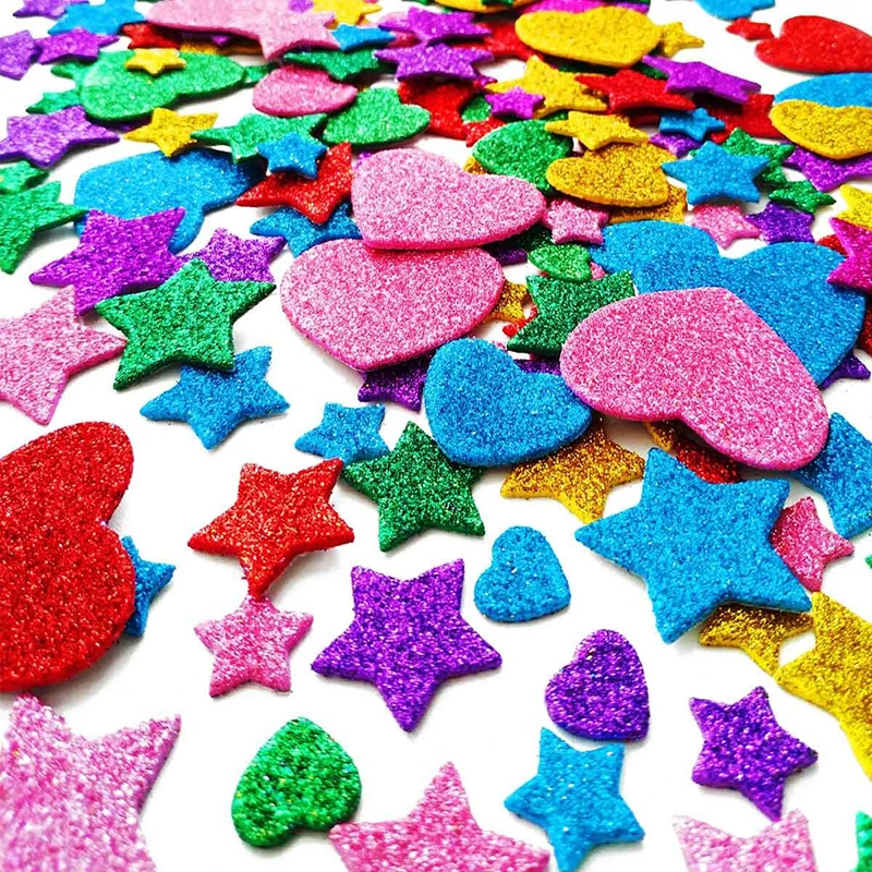 Colorful Glitter Foam Stickers - Self Adhesive Stars and Hearts for Kids' Arts and Crafts, Greeting Cards, and Home Decoration