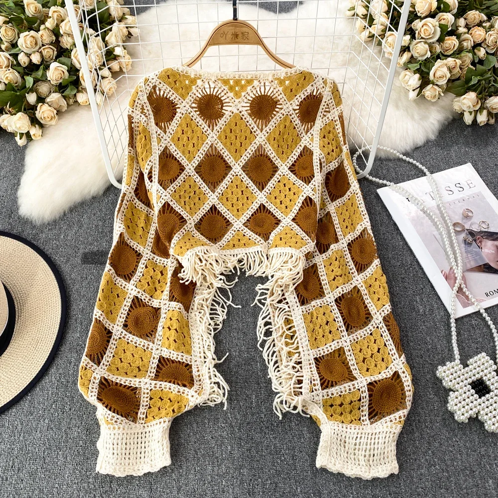 ハンドメイド パッチワーク フリンジニット カーディガン 女性用 ハンドメイド パッチワーク フリンジニット カーディガン 女性用