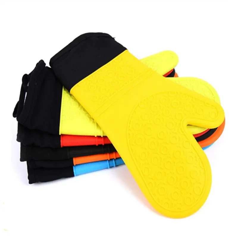 1 Pcs Insulation Silicone Anti-Skid Oven Mitts Ideal Protection With Extra Long Thick Quilted Cotton Liner Silicone BBQ Glove