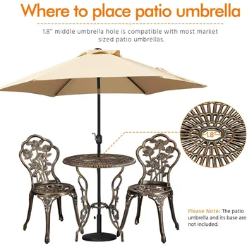 3-Piece Outdoor Bistro Set w/Rose Design,Resistant Cast Aluminum Table and Chairs w/Umbrella Hole for Balcony Backyard Garden 3