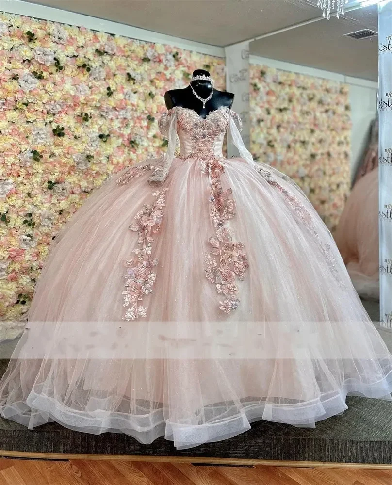 

ANGELSBRIDEP Long Sleeve Lace Ball Gown Quinceanera Dresses 2023 Pink Beaded Appliques Sweet 16 Dress Lace -up Vestido 15 Anos