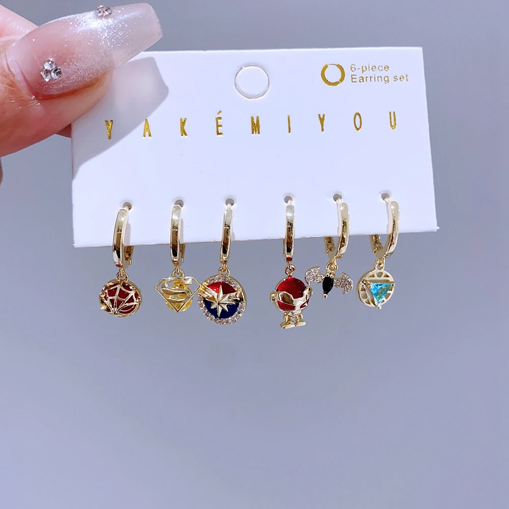 6pcs/Set Cool Mixed Movie Hero Pendants Huggie Hoop Earrings for Women Gold Color Zircon Crystal Jewelry 2
