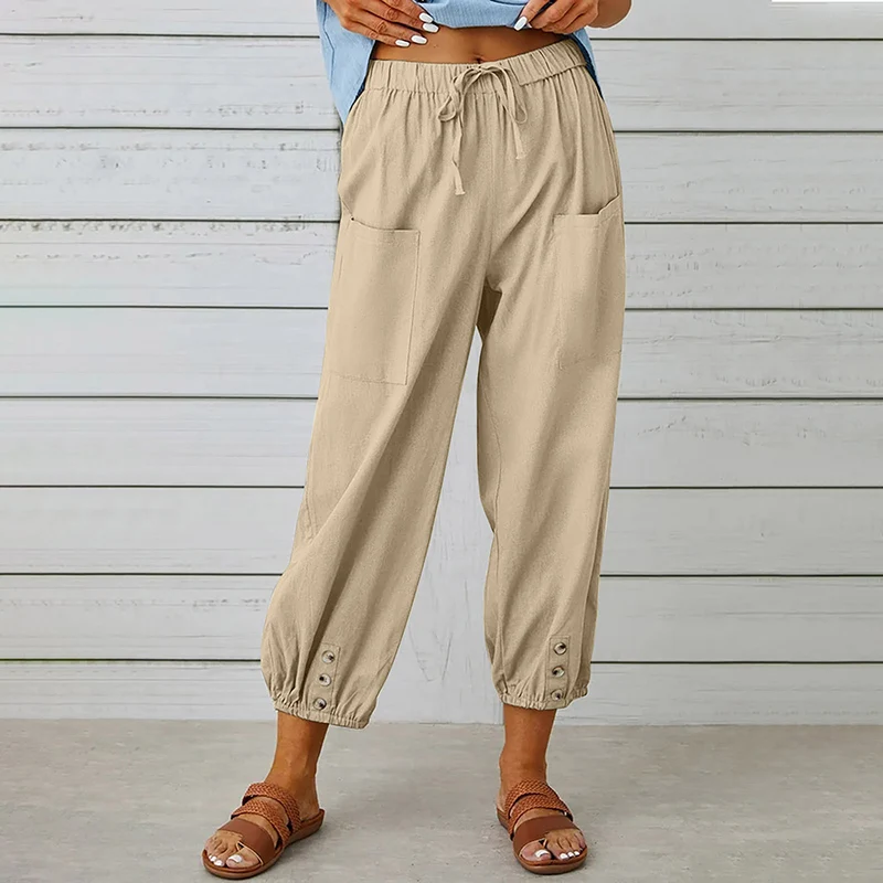Cotton Linen Women Summer Outdoor Harem Pants Casual Loose Button High Waist Pocket Trousers Vintage All-Match Yoga Baggy Pants