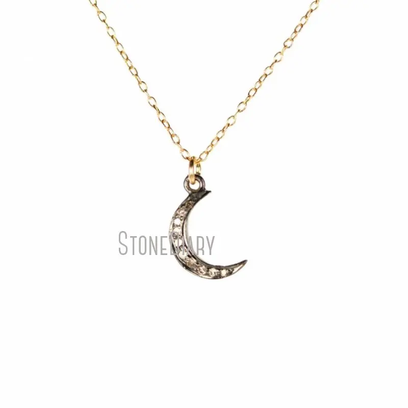 

NM42452 Crescent Moon Necklace CZ Pave Tiny Pendant Celestial Chain Jewelry