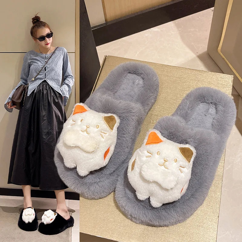 

2023 Autumn/Winter New Anti slip Big Sole Lining with Velvet Cute Longmao Net Red Fashion Baotou Fur Slippers