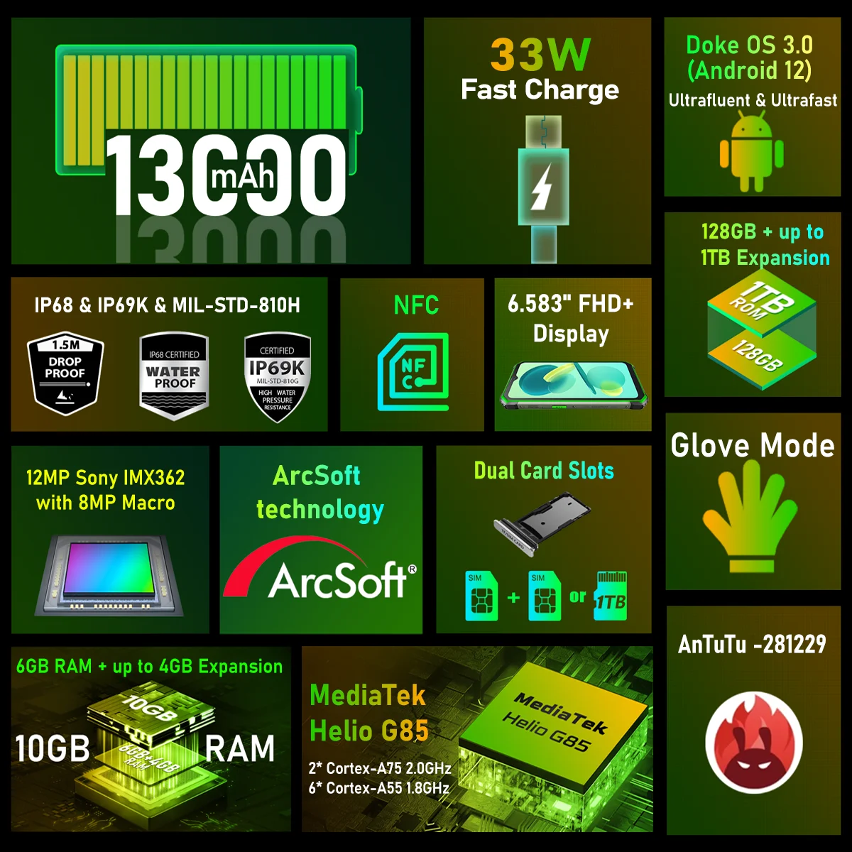 Blackview Oscal S80 Rugged Phone 13000mAh Waterproof Smartphone 6GB 128GB Mobile Phone Andriod 12, NFC CellPhone, Helio G85