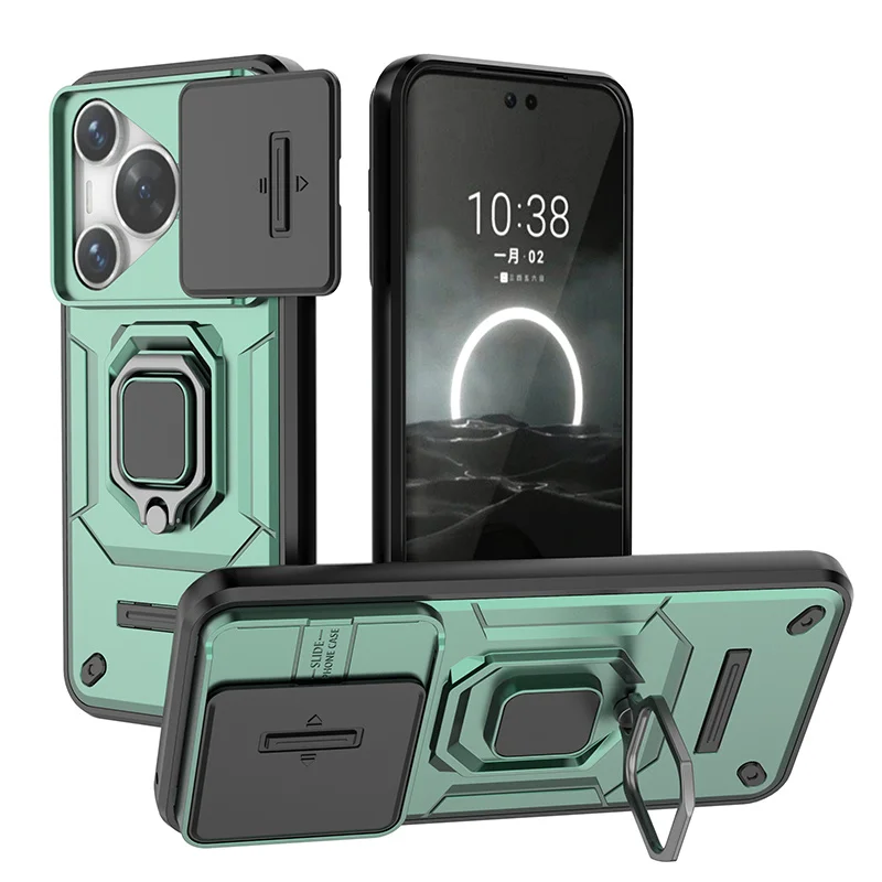 Shockproof Armor Phone Case with Slide Camera Lens Protector and Built-In Ring Stand
