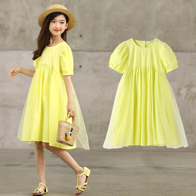 

Teen Girls Summer Dress New Big Girls 8 Years 10years 12 Years Princess Dress Children's Yellow Puff Sleeve Dress
