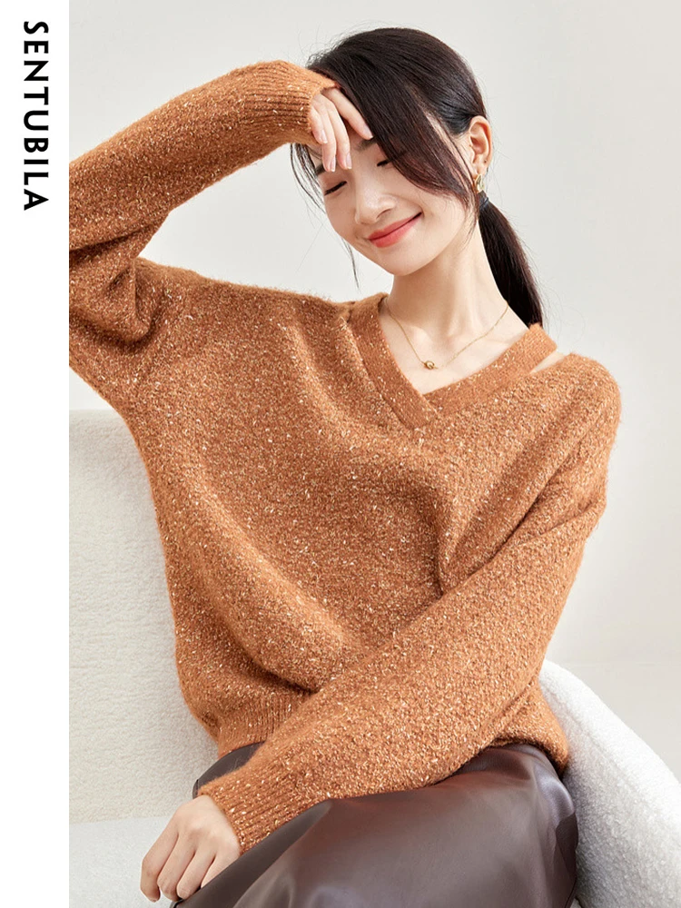 

SENTUBILA V-Neck Casual Sweater Women Vintage Loose Knitwear Autumn New Fashion Hollow Out Female Knitted Top Jumpers W33E51491