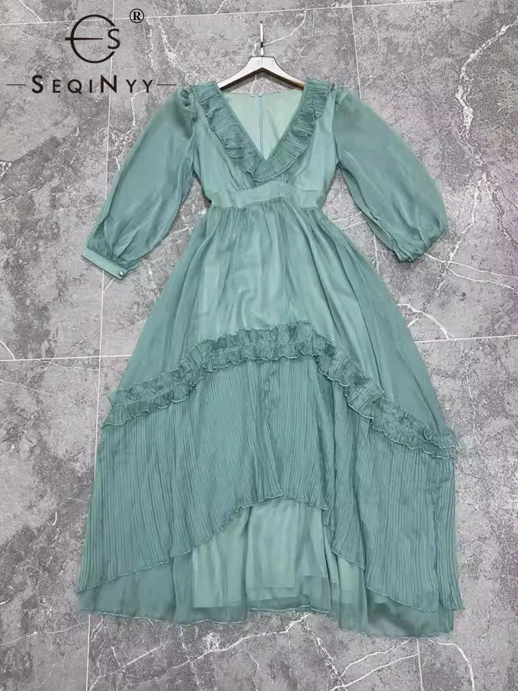 

SEQINYY Elegant Chiffon Dress Midi Summer Spring New Fashion Design Women Runway V-Neck Ruffles A-Line Holiday Casual
