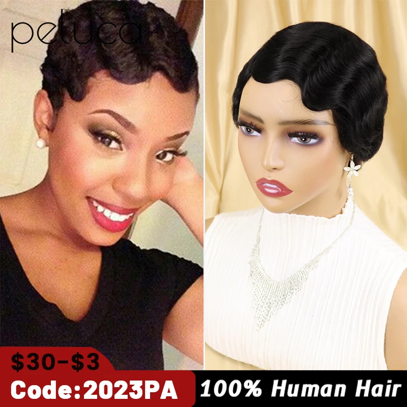 

Pixie Cut Wigs Finger Wave Wigs Natural Human Hair Wigs For Black Women Short Curly Wigs Machine Made wig