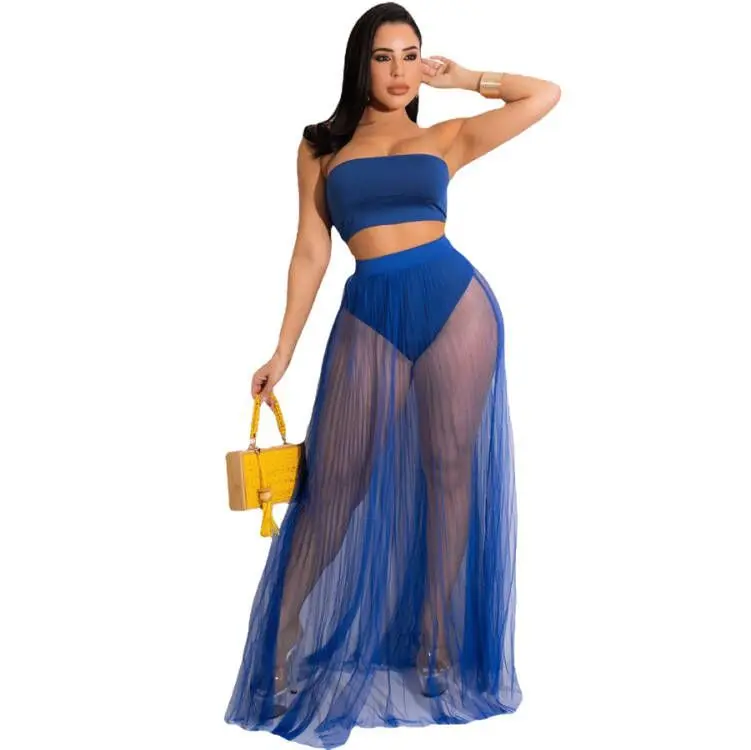 Summer 2023 Women High Waist Transparent Mesh Maxi Skirts Crop Tops Set Fashion See Through Chiffon Long Skirt Two Piece Suit