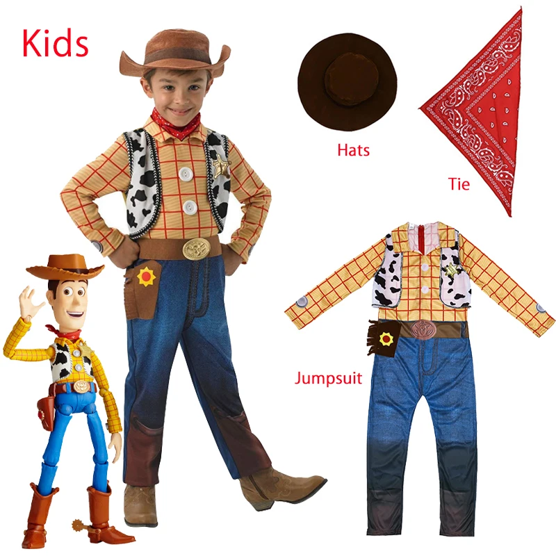 Bambini Woody Costume Cosplay Toy Story Sheriff Woody Pride Cosplay Vestiti Della Tuta Costume Di Carnevale Di Halloween Tute Cappello