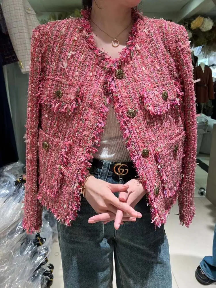 High Quality Elegant Down Inner Liner Lady Tweeds Jackets New Autumn Winter Single-breasted Long Sleeve Women Down Coats Pink