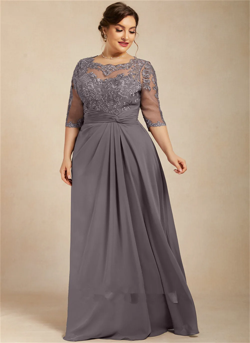 

A-Line Scoop Neck Floor-Length Chiffon Lace Prom Party Mother Of The Bridal Evening Dress With Beading Sequins vestidos de gala