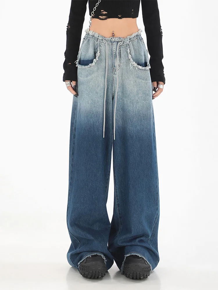 

Tassel Design Women Retro Wash Gradient Denim Pants 2022 Autumn Winter Harajuku Jean Trousers Lady American Style Streetwear
