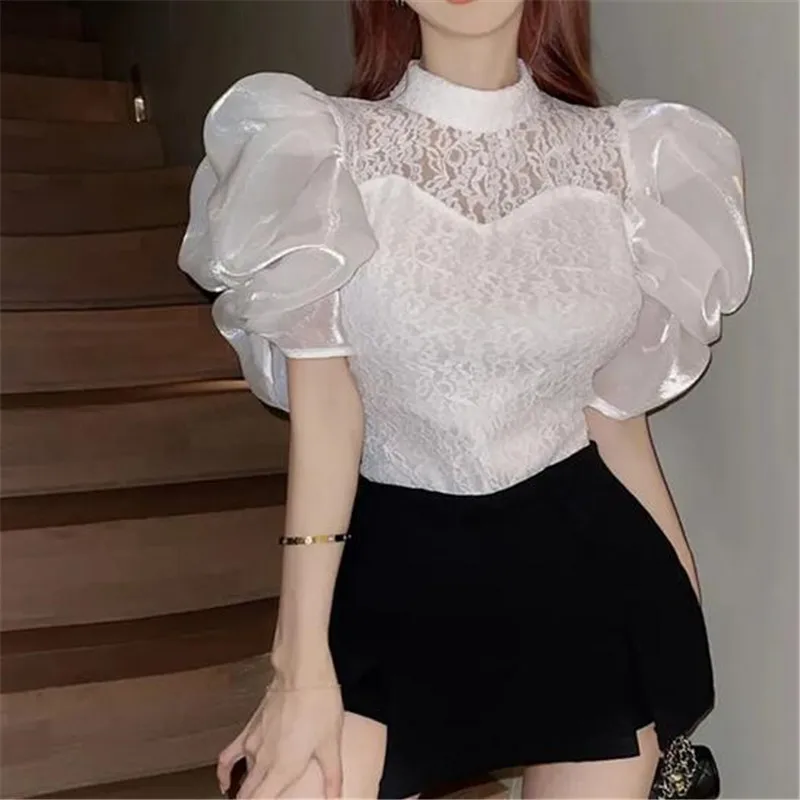 

Summer Chic Court Style Lace Hollowed Shirt Womens French Elegant Bubble Sleeve Blouses Ladies Tops Sweet Camisas Y Blusas Mujer