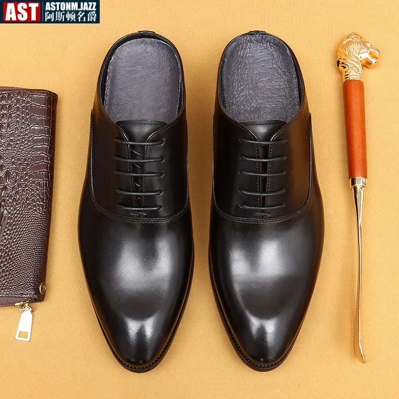 Italian Mens Half Shoes Luxury Handmade Genuine Leather Summer Retro Black Office Business Sandals Social Slippers for Male